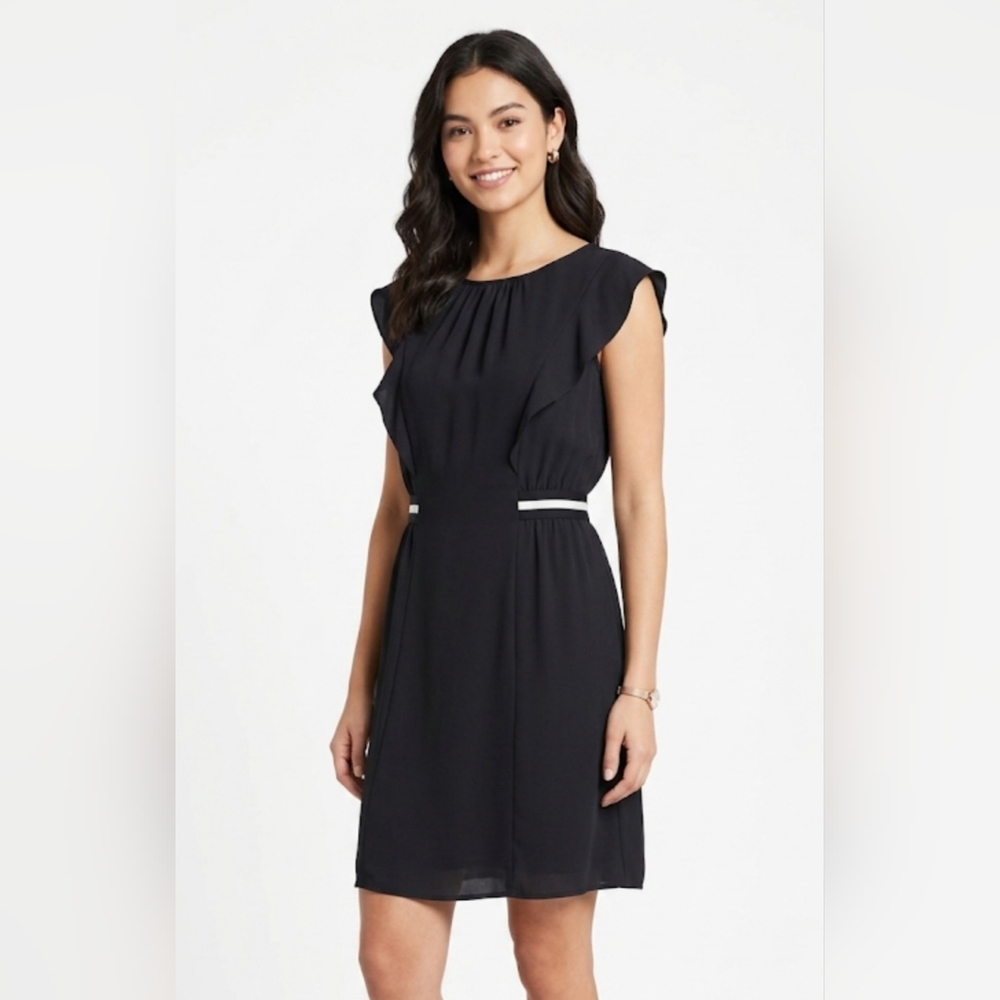 ✨ Joe Fresh Black Ruffle Sleeve Mini Dress w/ Striped Waistband - Size M ✨